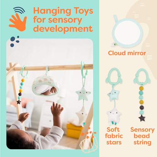 B. Toys – Wooden Baby Play Gym – Activity Mat – Starry Sky – 3 Hanging Sensory Toys – Organic Cotton – Natural Wood – Babies, Infants
