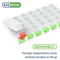 EZY DOSE Weekly (7 Day) 4 Times a Day Push Button Pill Organizer and Vitamin Planner, Removable Daily Pillboxes, Green, Clear Lids, Large