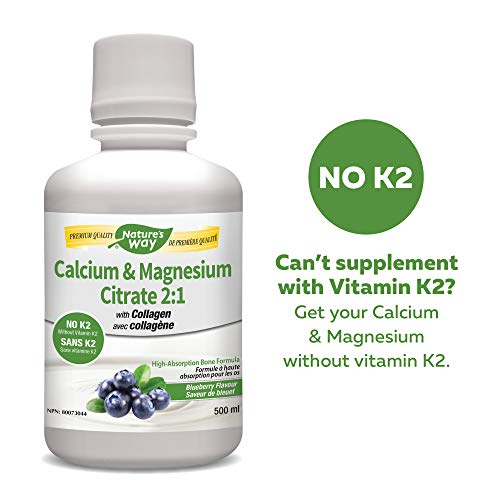 Nature's Way Calcium and Magnesium Citrate 2:1 - Liquid Supplement with Vitamin D3 and Collagen – Helps Support the Maintenance of Bones and Teeth – No Vitamin K2 - Blueberry Flavour, 500 mL