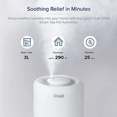 LEVOIT Humidifiers for Bedroom, Smart WiFi Alexa Control, Top Fill Cool Mist for Baby Nursery and Plants with Essential Oil Diffuser, Humidity Display, Easy Clean, Whisper Quiet Operation, 3L, White