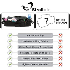 StrollAir - Universal Double Parent Stroller Organizer Console for side by side strollers - TWIN WAY, Mountain Buggy, Bumbleride Indie, Bugaboo Donkey, Bob Duallie, Baby Jogger City Mini GT – Black