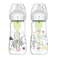 Dr. Brown’s Natural Flow Anti-Colic Options+ Wide-Neck Baby Bottle Designer Edition Bottles, Ocean Decos, 9 oz/270 mL, Level 1 Nipple, 2-Pack, 0m+