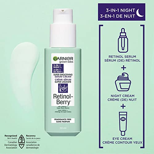 Garnier Green Labs Retinol-Berry Super Smoothing Serum Cream, With Pure Retinol + Hyaluronic Acid + Super Berry Blend, 3-In-1 Night Eye Cream, Fragrance-Free, 50 ml