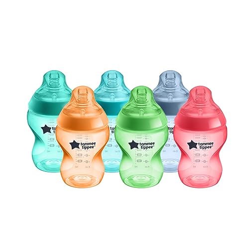 Tommee Tippee Closer to Nature Fiesta Fun Time Baby Feeding Bottles, Anti-Colic Valve, Breast-like Nipple for Natural Latch, Slow Flow, BPA-Free - 9 Ounces, Multi-colored, 6 Pack