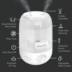 Honeywell HUL545WC Ultra Comfort™ Ultrasonic Cool Mist Humidifier, White, with Essential Oil Tray, Auto Shut-off, Ultra Quiet Operation, Dual Direction Mist Outlet, Cool Visible Mist