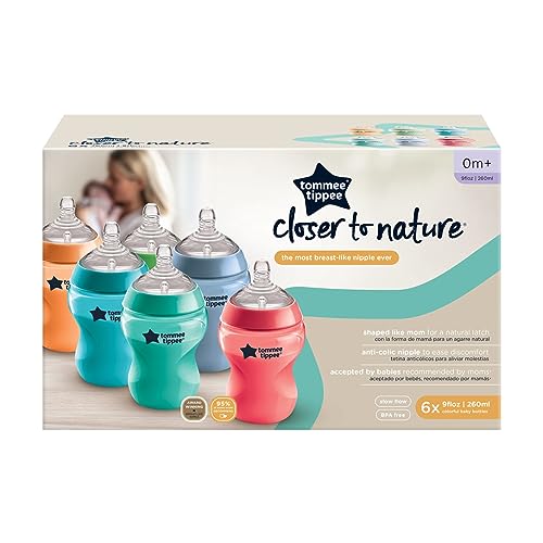 Tommee Tippee Closer to Nature Fiesta Fun Time Baby Feeding Bottles, Anti-Colic Valve, Breast-like Nipple for Natural Latch, Slow Flow, BPA-Free - 9 Ounces, Multi-colored, 6 Pack