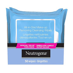 Neutrogena Makeup Remover Facial Cleansing Towelettes, Daily Face Wipes To Remove Dirt, Oil, Makeup and Waterproof Mascara, Gentle, Alcohol-free, Special Value Twin Pack, Plant Based and Compostable 50 Count