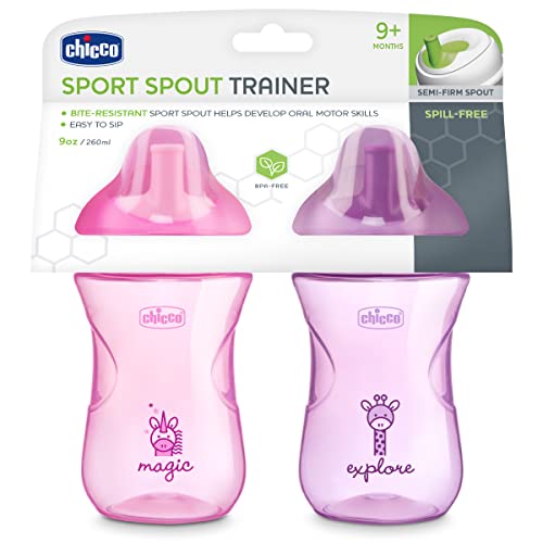 Chicco 9oz. Sport Spout Trainer with Semi-Firm, Bite-Resistant Spout and Spill-Free Lid | Top-Rack Dishwasher Safe | Easy to Hold with Ergonomic Indents | Pale Pink/Lavender, 2pk| 9+ Months