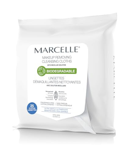 Marcelle Biodegradable and Recyclable Ultra-Gentle Makeup Removing Cloths, Sensitive Skin, Fragrance-Free, Hypoallergenic, 25 Wipes