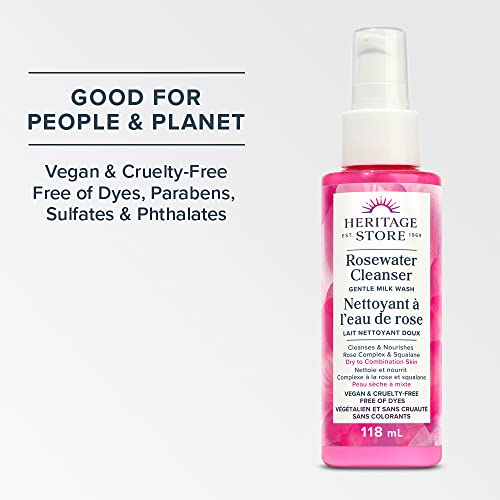 HERITAGE STORE - Rosewater Cleanser | Gentle Milk Wash | Purifies and Nourishes | Rose Complex and Squalane | Vegan & Cruelty Free | Free of Dyes| Dry to Combination Skin Type | 118ml, Clear