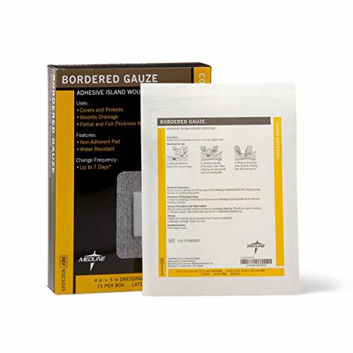 Medline Bordered Gauze Adhesive Island Wound Dressing, 4" x 5" with 2.5" x 2.5" Pad, 15 Per Box