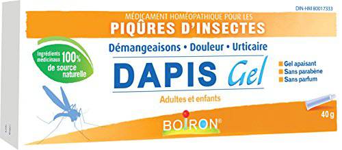 Boiron Dapis Gel, 40 g tube, Outdoor insect bites gel relief.Dapis gel relieves pain, itching & hives of insect bites. Safe for adults and children. Great to have for camping, outdoor activities