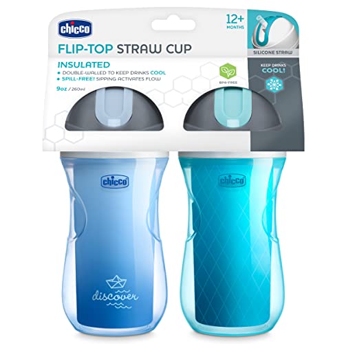 Chicco 9oz. Double-Wall Insulated Flip-Top Sippy Cup with Silicone Straw and Spill-Free Lid | Top-Rack Dishwasher Safe | Easy to Hold with Ergonomic Indents | Blue Discover/Teal, 2pk | 12+ Months