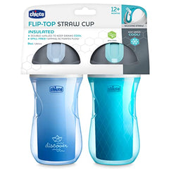 Chicco 9oz. Double-Wall Insulated Flip-Top Sippy Cup with Silicone Straw and Spill-Free Lid | Top-Rack Dishwasher Safe | Easy to Hold with Ergonomic Indents | Blue Discover/Teal, 2pk | 12+ Months