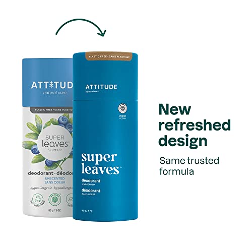 ATTITUDE Plastic-Free Deodorant, EWG Verified, Aluminum Free, Plant and Mineral-Based Ingredients, Vegan and Cruelty-free, Hypoallergenic, Unscented, 85 grams (Packaging May Vary)