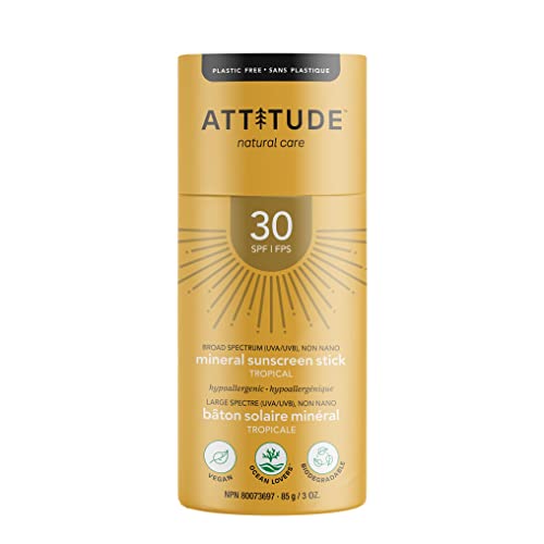 ATTITUDE Sunscreen Stick, Broad Spectrum UVA/UVB, Plastic-free, Hypoallergenic, Plant and Mineral-Based Formula, Vegan and Cruelty-free Sun Care Products, SPF 30, Tropical, 85 grams