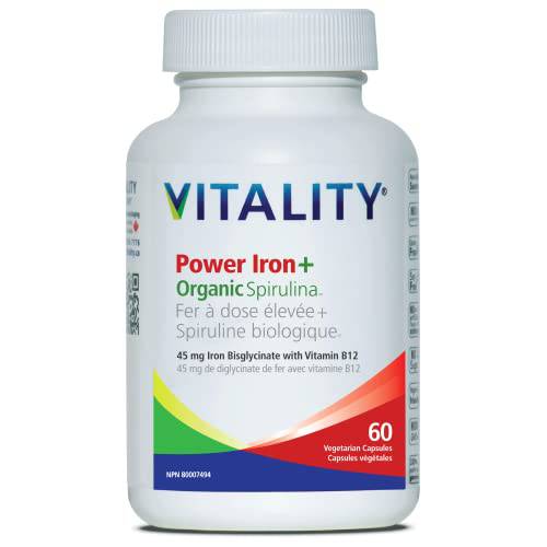 VITALITY Power Iron + Organic Spirulina 60 Veg Capsules (60 Days) - Boosts Energy with Iron Bisglycinate, Vitamin B12, Folic Acid, Vitamin C to Build Blood, Boost Energy