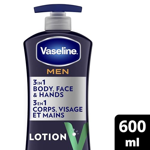 Vaseline Men 3 in 1 Body, Face & Hands Lotion 48 H dry skin moisturizer Fast Absorbing with Ultra Hydrating Lipids 600 ml