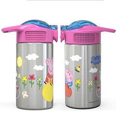 Zak Designs Peppa Pig 15.5oz Stainless Steel Kids Water Bottle with Flip-up Straw Spout - BPA Free Durable Design, Peppa Pig SS, Single Wall