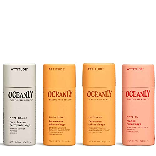 ATTITUDE Oceanly Radiant Skin Daily Facial Care Routine Box Set, EWG Verified, Plastic-free, Plant and Mineral-Based Ingredients, Vegan and Cruelty-free, PHYTO GLOW, Set of 4 Travel Size Bars