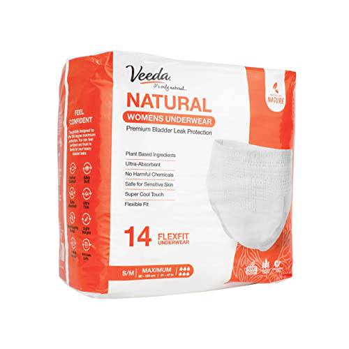 Veeda Natural Incontinence Underwear for Women, Maximum Absorbency, Small/medium size, 14 count