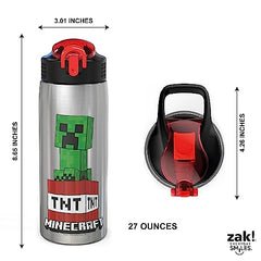 Zak Designs - MICI-V151 Zak Designs 27oz Minecraft 18/8 Stainless Steel Water Bottle with Flip-up Straw Spout and Locking Spout Cover, Durable Cup for Sports or Travel (27oz, Minecraft Creeper)