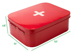 Mind Reader Galvanized Steel Vintage First Aid Storage Box, Wall Mounting Container with Buckle Lock, Organizer for Medical Supplies, Locking Tin, Red, 9.5 x 12.5 x 4.25
