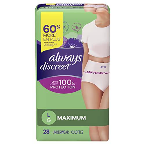 Always Discreet, Incontinence & Postpartum Underwear For Women, Maximum Protection, Large, 28 Count