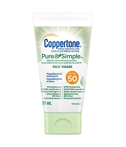 Coppertone  Mineral Sunscreen lotion pure and Simple Face Spf 50, 100 percent Zinc oxide mineral Face Sunscreen, Hypoallergenic Face Lotion for Sun Protection, 59 ml.