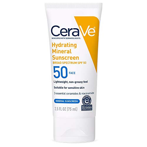 CeraVe 100% Mineral Sunscreen SPF 50 | Face Sunscreen with Zinc Oxide & Titanium Dioxide for Sensitive Skin | With Hyaluronic Acid, Niacinamide, and Ceramides | 2.5 oz