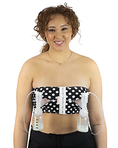 Hands Free Pumping Bra | Snugabell PumpEase adjustable and comfortable pumping bra made with spandex technical fabric, supports two breast pumping bottles & flanges | Black & White Polka Dots Size S