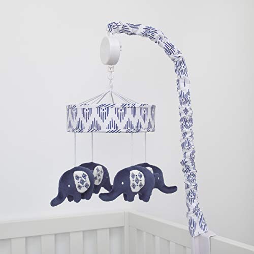 NoJo Indigo Hues Nursery Crib Musical Mobile With Plush Velboa Elephants, Blue/White