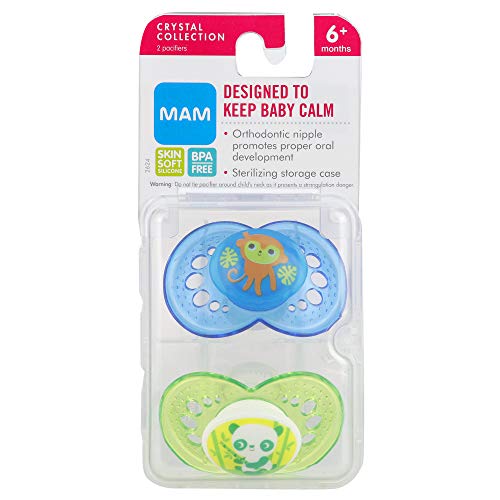 MAM Crystal Pacifiers (2 pack, 1 Sterilizing Pacifier Case), MAM Pacifiers 6 Plus Months, Best Pacifier for Breastfed Babies, Baby Boy Pacifiers