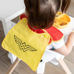 Bumkins DC Comics Wonder Woman SuperBib, Baby Bib, With Cape, Waterproof, Washable, Stain and Odor Resistant, 6-24 Months