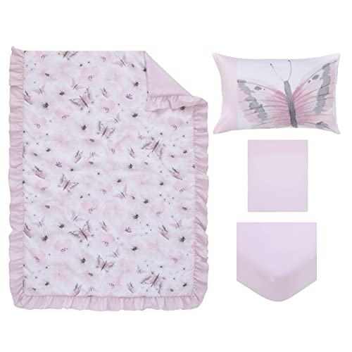 Everything Kids Floral Butterfly Pink, White, & Gray 4Piece Toddler Bed Set - Comforter, Fitted Bottom Sheet, Flat Top Sheet, & Reversible Pillowcase, Pink, White, Grey,