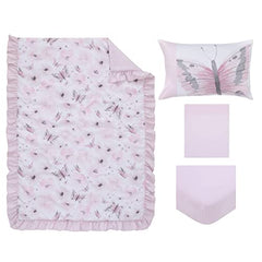 Everything Kids Floral Butterfly Pink, White, & Gray 4Piece Toddler Bed Set - Comforter, Fitted Bottom Sheet, Flat Top Sheet, & Reversible Pillowcase, Pink, White, Grey,