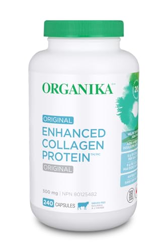 Organika Enhanced Collagen Protein Capsules - For Healthy Hair, Skin, Nails, Joints - Hydrolyzed For Better Absorption – Grass-Fed, Non-GMO - 240 Capsules