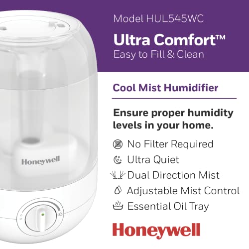 Honeywell HUL545WC Ultra Comfort™ Ultrasonic Cool Mist Humidifier, White, with Essential Oil Tray, Auto Shut-off, Ultra Quiet Operation, Dual Direction Mist Outlet, Cool Visible Mist