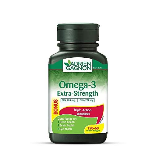Adrien Gagnon - Omega 3 Extra-Strength (400 mg EPA + 200 mg DHA), 1000 mg, Cognitive, Cardiovascular and Joint Support. 180 (120+60 Bonus) Softgels