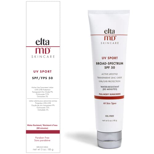 EltaMD UV Sport Broad Spectrum SPF 50 Sunscreen Sport Lotion, Body Sunscreen with UVA and UVB Protection, Water Resistant up to 80 Minutes, Non-Greasy, Oil Free Formula with Zinc Oxide, 3 oz Tube, Transparent