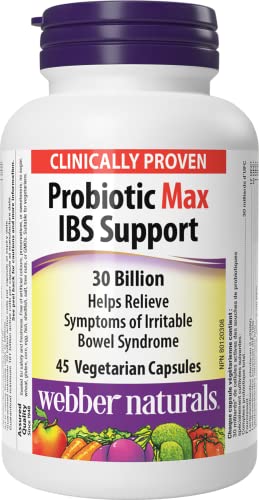 Webber Naturals Probiotic Max IBS Support, 30 Billion Active Cells, 5 Probiotic Strains, 45 Capsules, Helps Reduce Symptoms of Irritable Bowel Syndrome, Vegetarian