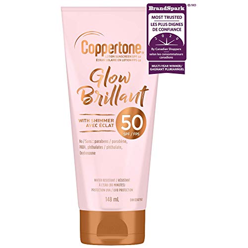 Coppertone Glow Sunscreen SPF 50 (148 mL), Lightweight Sunscreen with a Hint of Shimmer for Beautiful Glow, Quick-Dry Body Lotion Sun Protection with No PABA or Parabens