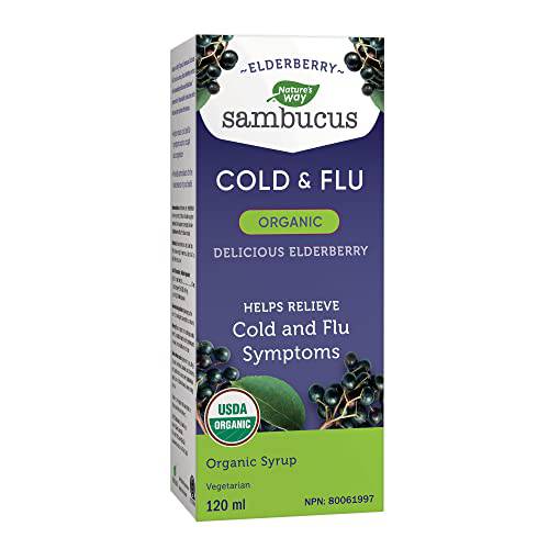 Nature's Way Sambucus Organic Cold and Flu Care – Elderberry Syrup Used in Herbal Medicine to Help Relieve Symptoms (Coughs and Sore Throats) in Adults, 120 ml