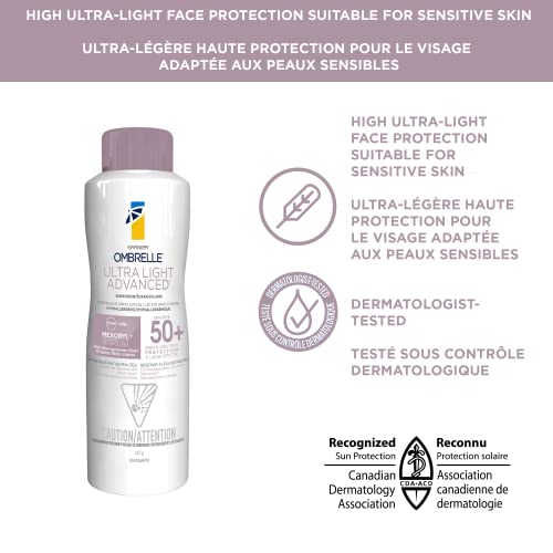 Garnier Ombrelle Ultra Light Sunscreen Body & Face Spray, SPF 50+, for Sensitive Skin, Hypoallergenic, Water Resistant, Alcohol and Fragrance Free, 142g
