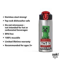 Zak Designs - MICI-V151 Zak Designs 27oz Minecraft 18/8 Stainless Steel Water Bottle with Flip-up Straw Spout and Locking Spout Cover, Durable Cup for Sports or Travel (27oz, Minecraft Creeper)