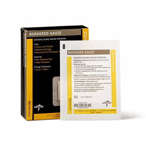 Medline Bordered Gauze Adhesive Island Wound Dressing, 2" x 2" with 1" x 1" Pad, 15 Per Box