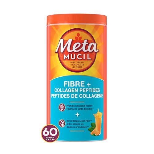 Metamucil Fibre+ Collagen Peptides, Psyllium Husk Powder, Plant Based Fibre, Sugar-Free with Stevia, Orange Flavoured, 60 Servings (1 Bottle - 564G Fibre Powder)