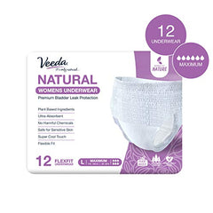 Veeda Natural Premium Incontinence Underwear for Women, Maximum Absorbency, Large Size, 12 Count