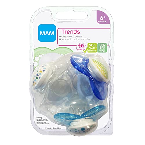 MAM Trends Design Collection Pacifier for Babies 6+ months (Pack of 3 Pacifiers), MAM Soother with Soft Silicone Nipple, Boy Baby Essentials, 6+ months