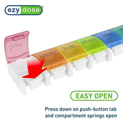 EZY DOSE Push Button (7-Day) Pill, Medicine, Vitamin Organizer Box Weekly, Daily Extra Large Compartments Rainbow Lids FDA Registered, Rainbow 1 Count (Pack of 1)